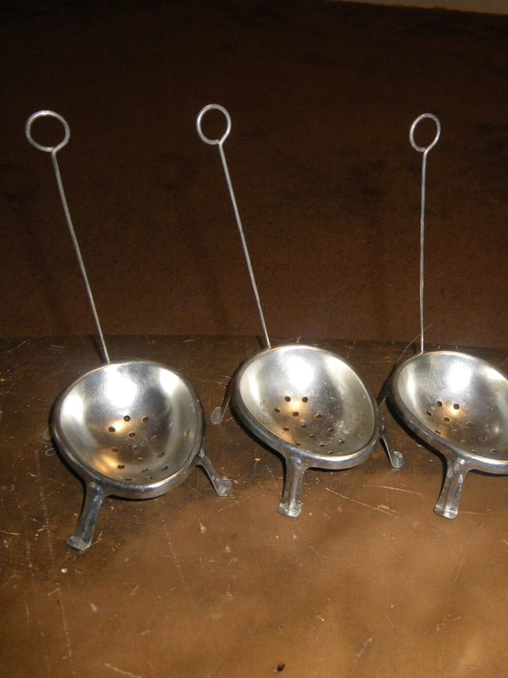 4 Vintage French Style Footed Metal Egg Dipper Poacher Cooker Hanging Handles